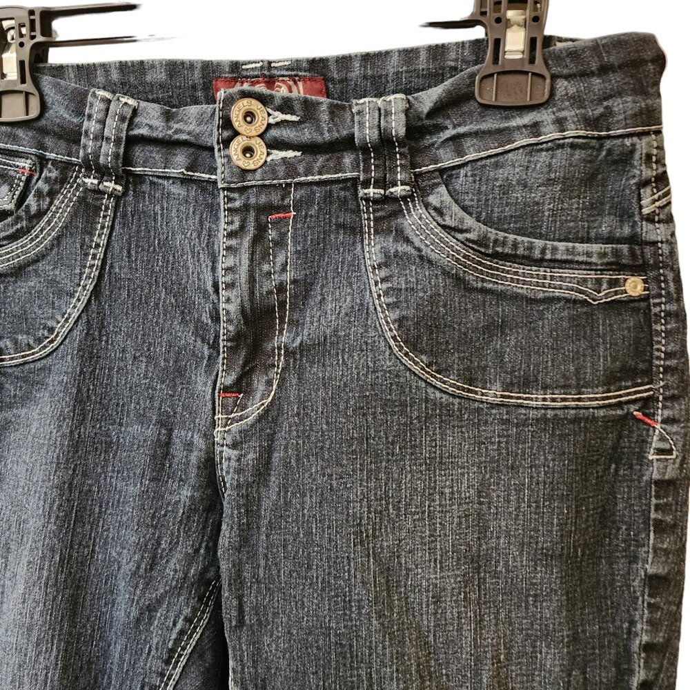 Angels y2k Crop Jean Capris Cuffed Size 10 Low Mid Rise Dark Wash Stretchy - Picture 2 of 8